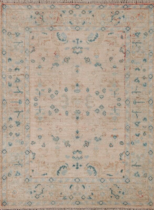 Muted Geometric Oushak Turkish Rug 3x4 Wool Hand-knotted Oriental Foyer Carpet
