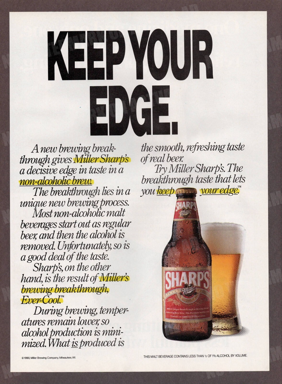 Miller Sharp's Non-Alcoholic Beer 1990 Trade Print Magazine
