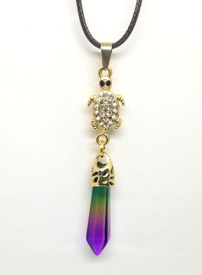 Purple Green Ombre Crystal Pendant and Gold Sea Turtle Charm-Cord Necklace