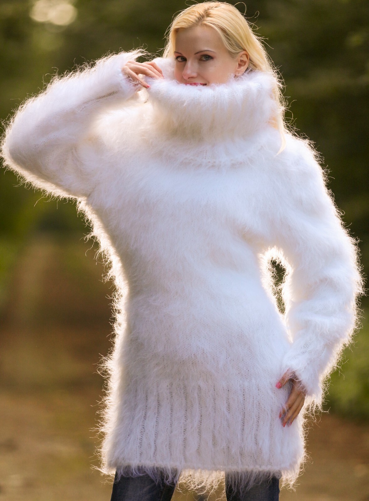 Pre-owned Supertanya Fuzzy White Mohair Dress Soft Designer Sweater Hand Knitted Tunic Xl
