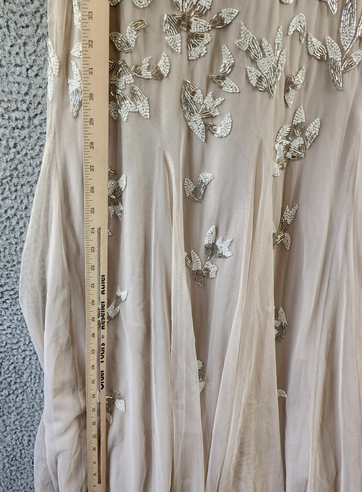 Adrianna Papell Beaded Godet Gown Women's 10 Beige V-Neck Hook & Eye Closure S/S - Picture 17 of 24