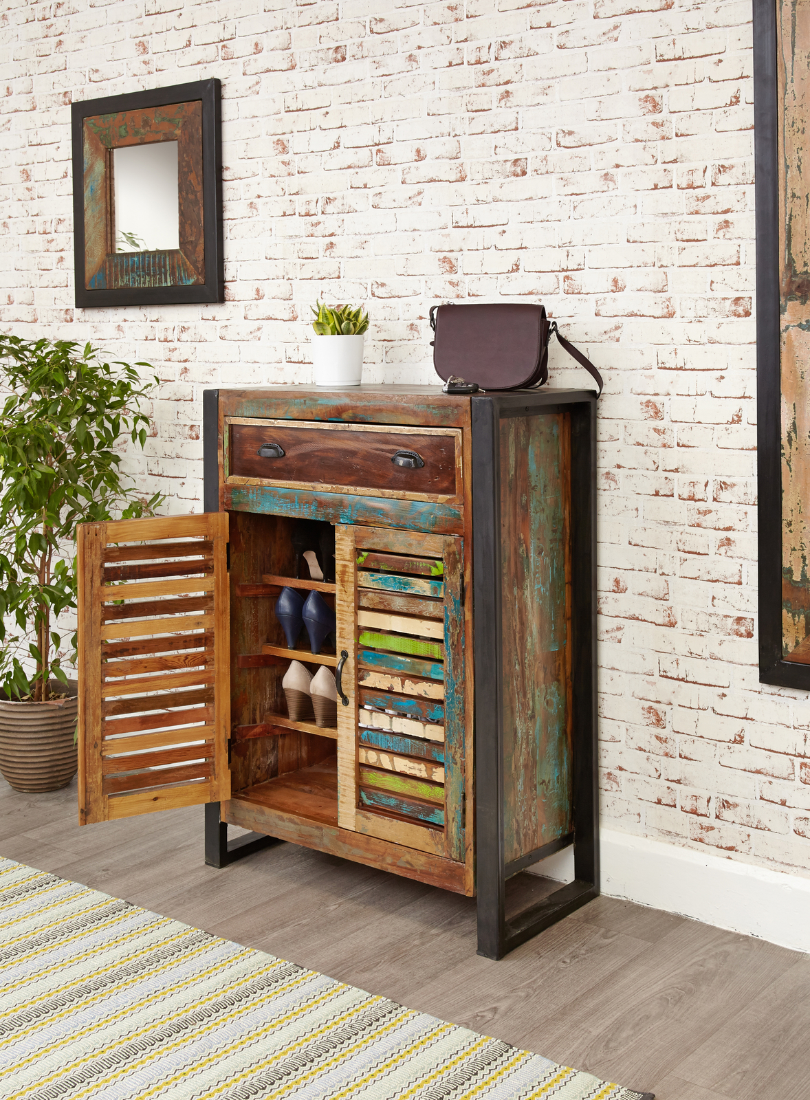 Urban Chic Reclaimed Wood Shoe Cabinet  Unit Storage Steel 