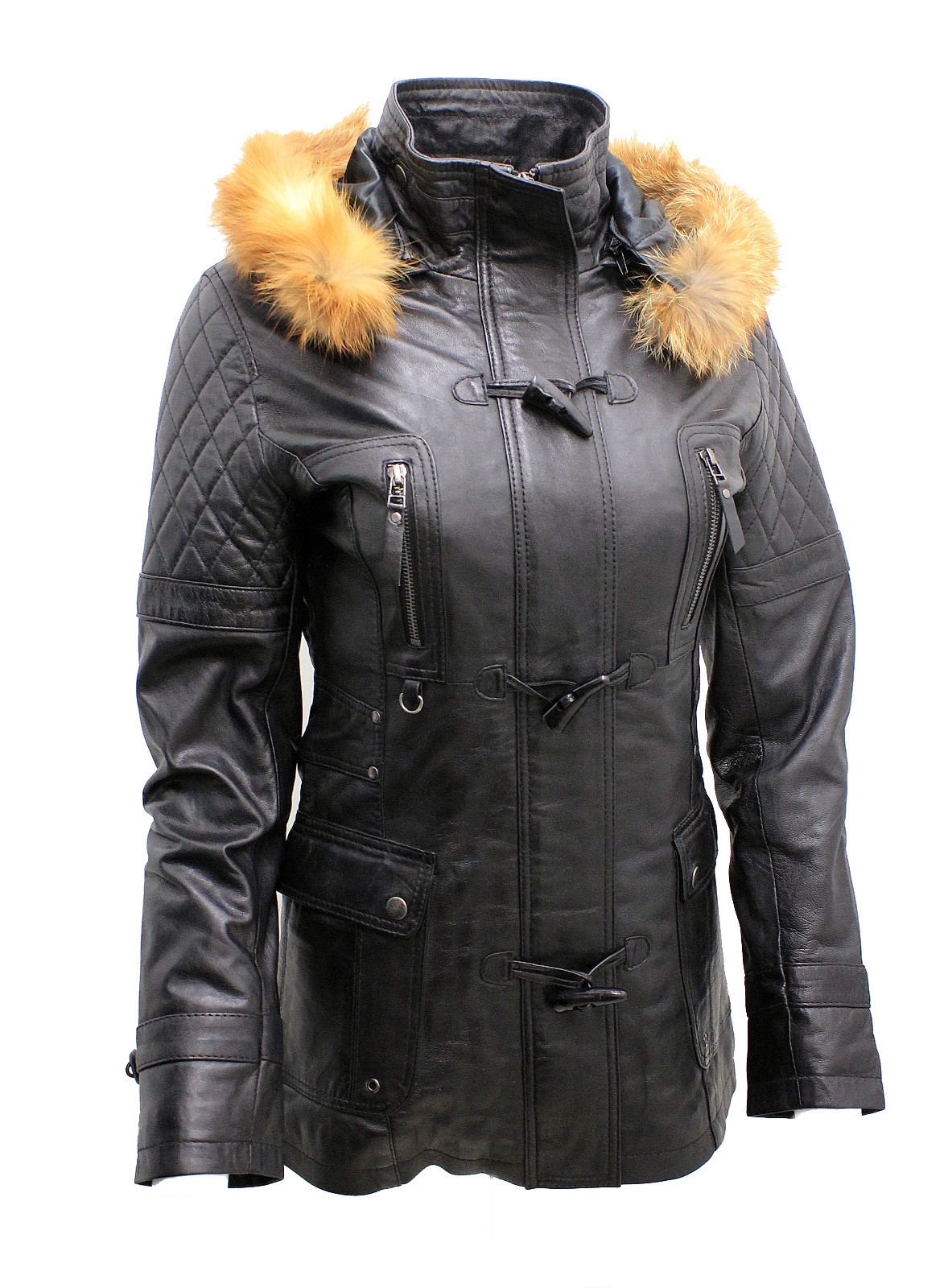 INFINITY DAMEN ABNEHMBARER KAPUZE GESTEPPT SCHWARZ LEDER PARKAJACKE