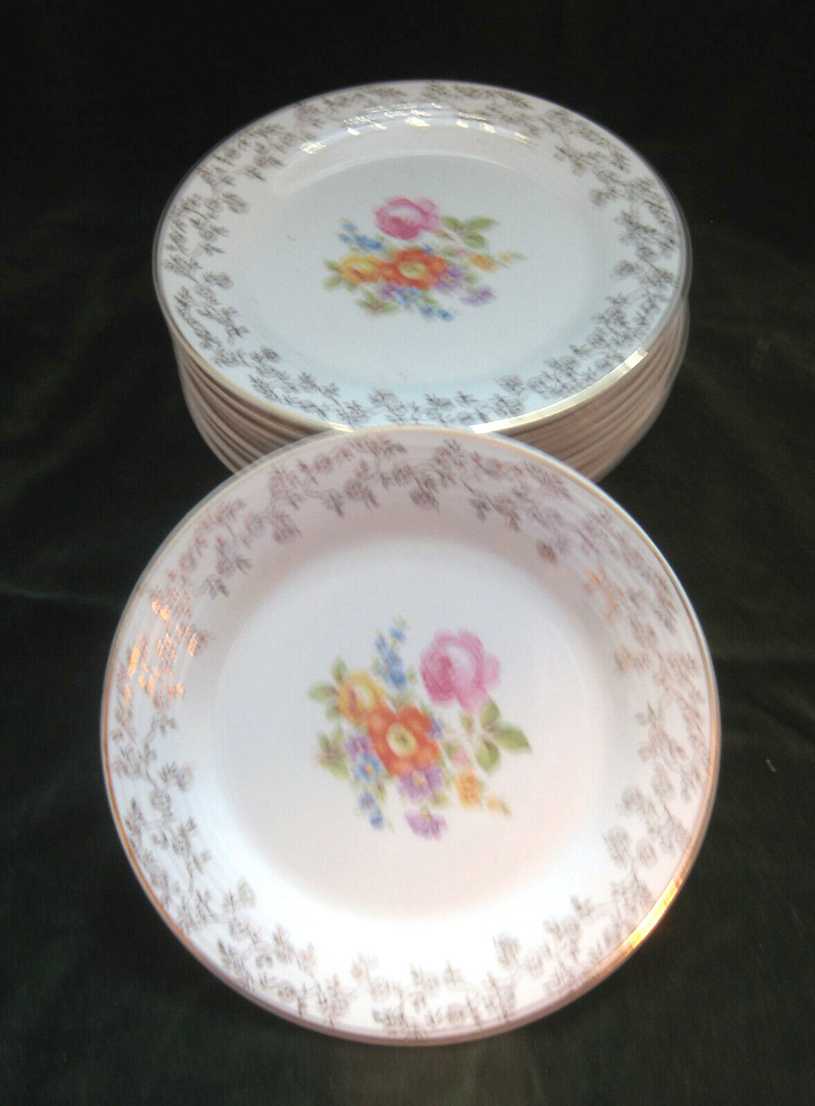 Set of 10 Limoges Salad Plates Meissen Rose 22K Gold Filigree Triumph