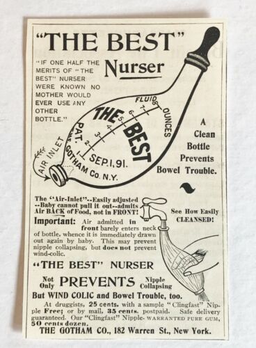 Antique Original 1895 Gotham Co.NY"THE BEST"Nurser Clingfast Nipple Vtg Print Ad