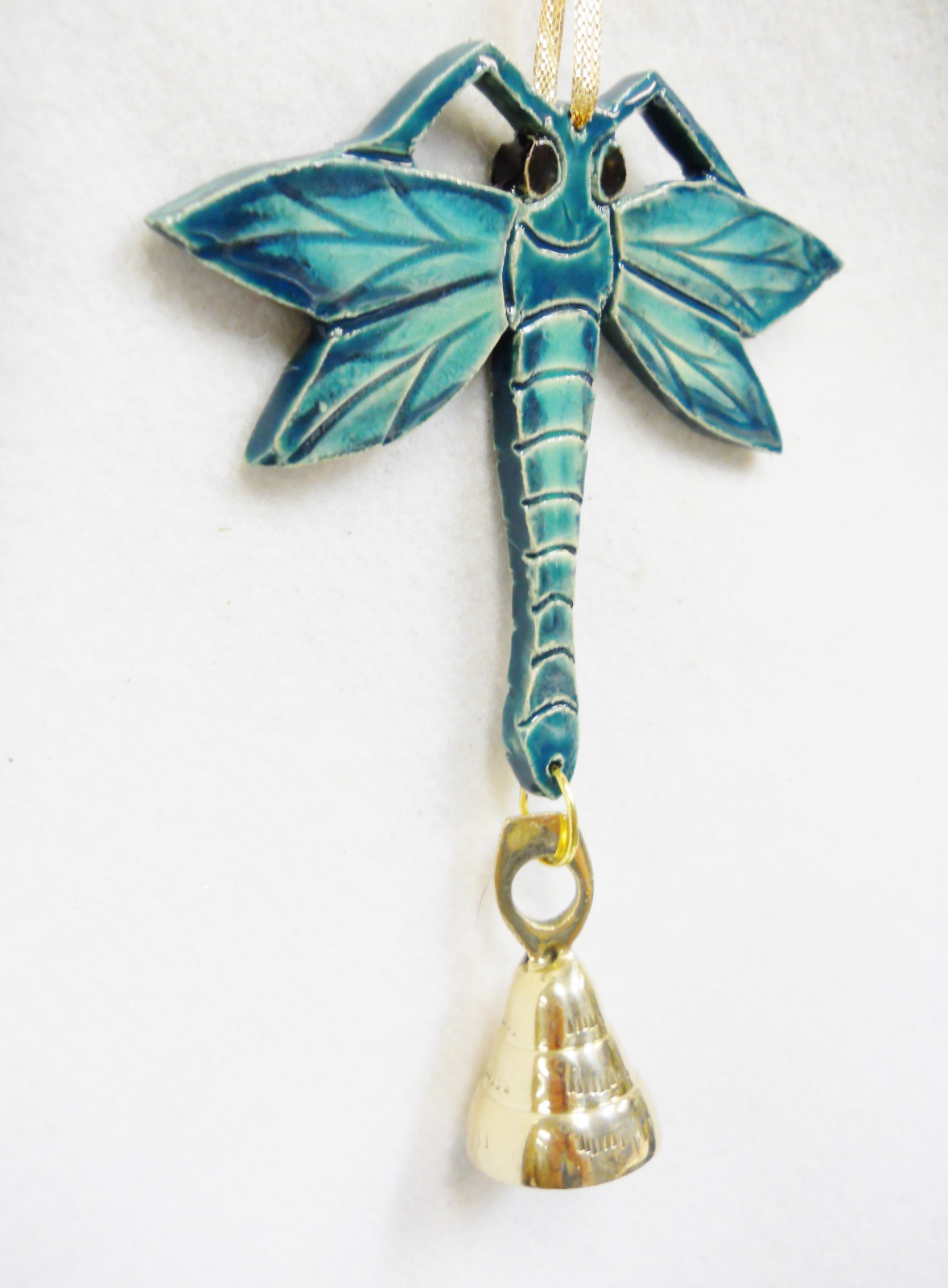 Dragonfly Bell Handmade Ceramic Tile Ornament, Mobile, Suncatcher Teal Blue 6