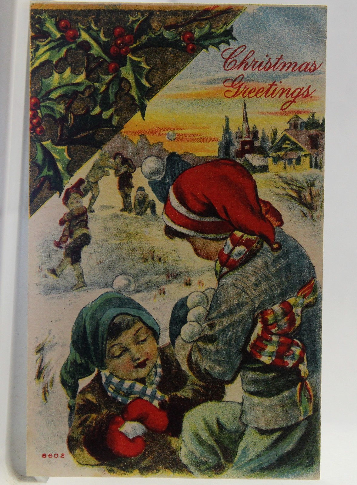 Vintage Post Card- CHRISTMAS Greeting Children Playing Split Back Linen Card