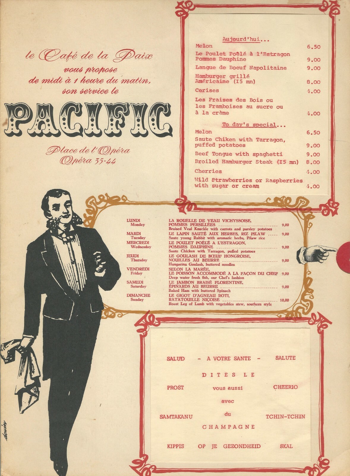 フランス　キャフェ　プライスリスト　ヴィンテージ Vintage PACIFIC Restaurant Menu Cafe de la Paix Paris France