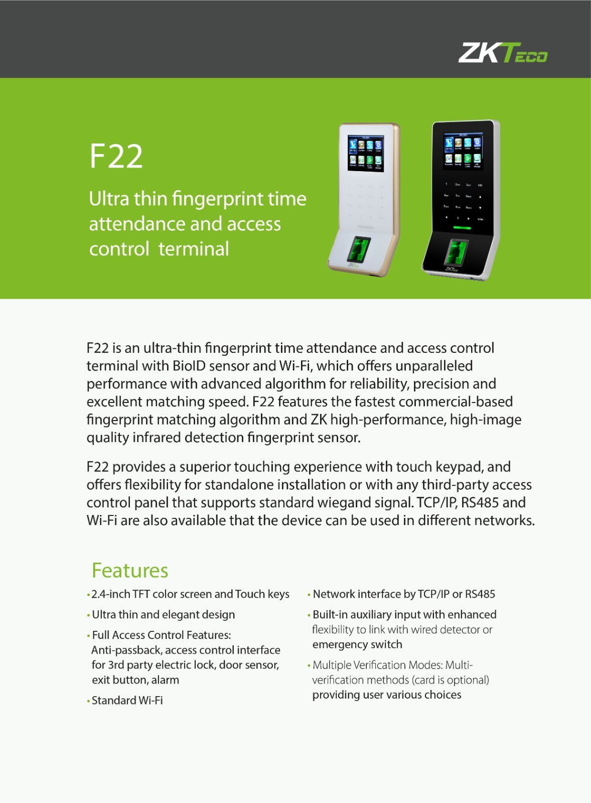 Fingerprint reader  EM Card Reader  3000 Fingerprints  5000 Cads / ADMS / Wi-Fi
