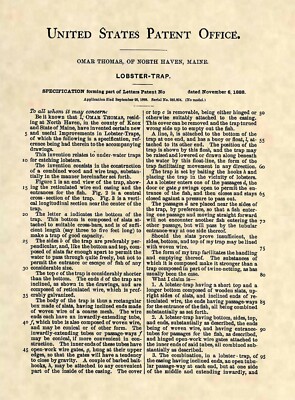 Lobster Trap Antique Vintage Patent Art Print- Antique Vintage Maine Seafood 857