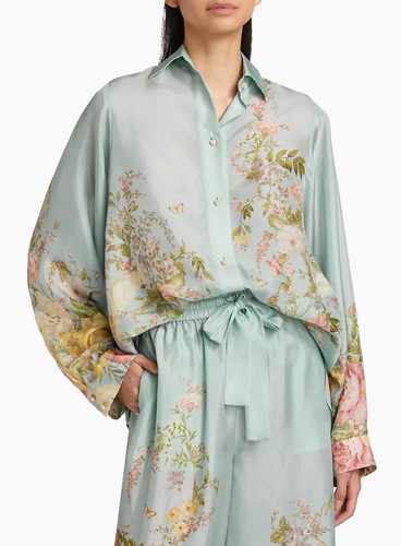 Pre-owned Waverly Zimmermann  Floral Print Relaxed Silk Shirt-0p In Blue