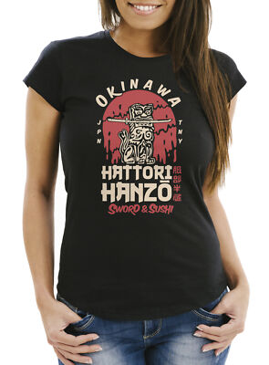 Damen T-Shirt Hattori Hanzo Sword and Sushi Okinawa Japan Schriftzeichen