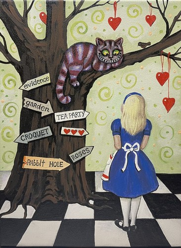 ACEO RYTA Alice In Wonderland Folk Art print of painting Cheshire Cat Hearts ❤️