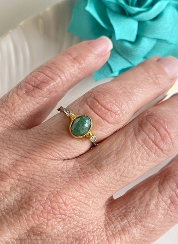Antiqued Sterling Silver 22k Yellow Gold Green Quartz Ring Size 5/6.25 - Picture 2 of 8