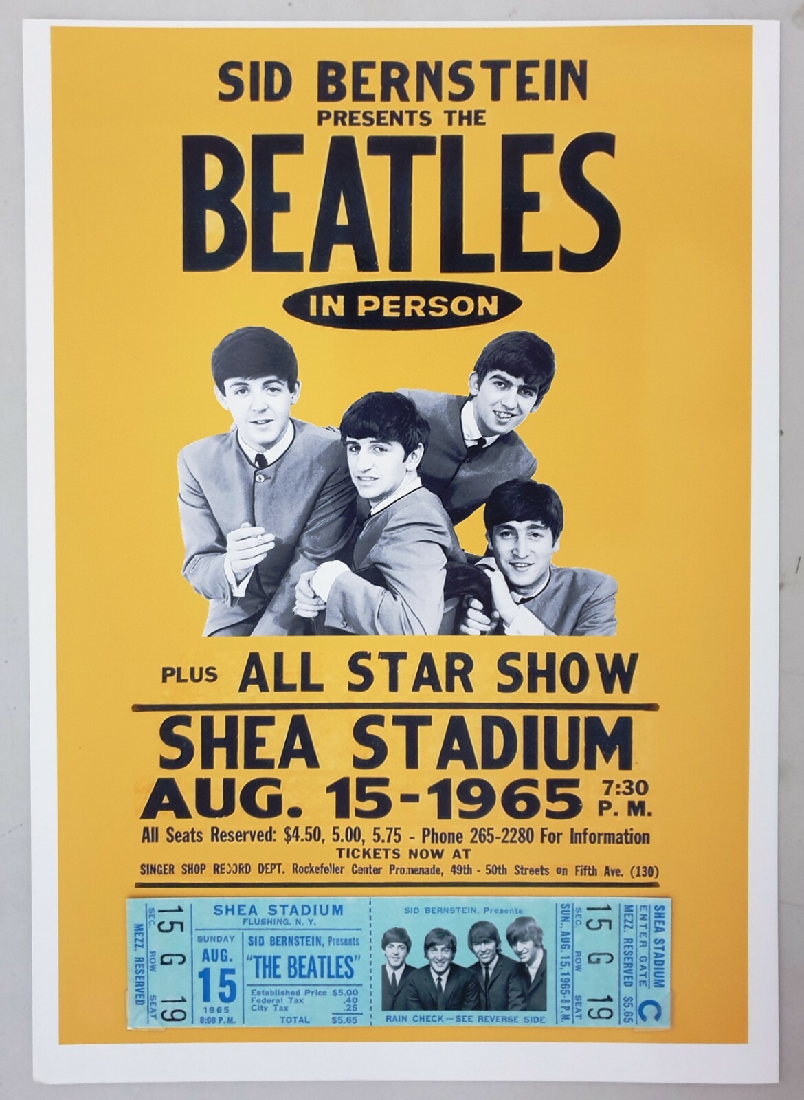 ビートルズ　シェアスタジアムコンサート未使用チケット、証明書、ポスター THE BEATLES 1965 Concert Poster SHEA Stadium New York NY
