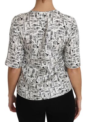 Pre-owned Dolce & Gabbana Blouse White Musical Instruments Print Top It46/us12/xl $545
