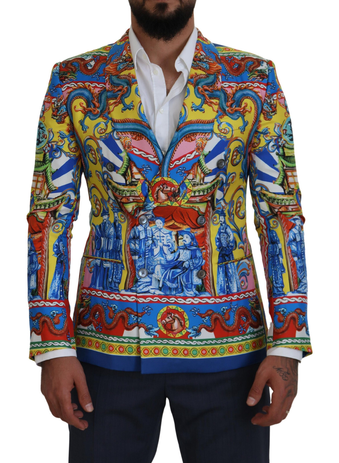 

Dolce - Gabbana Приталенный шелковый блейзер с многоцветным принтом дракона IT44 /US34/ 4400 долларов США, Multicolor