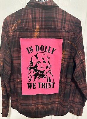 Upcycled Distressed Flannel Shirt w/ vintage DOLLY PARTON Mens M