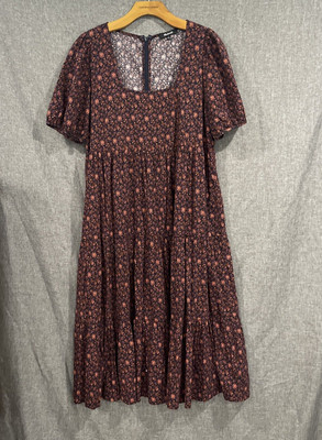 Madewell Aidy Square Neck Tiered Midi Dress Sz 8 Medium Short Sleeve Prairie