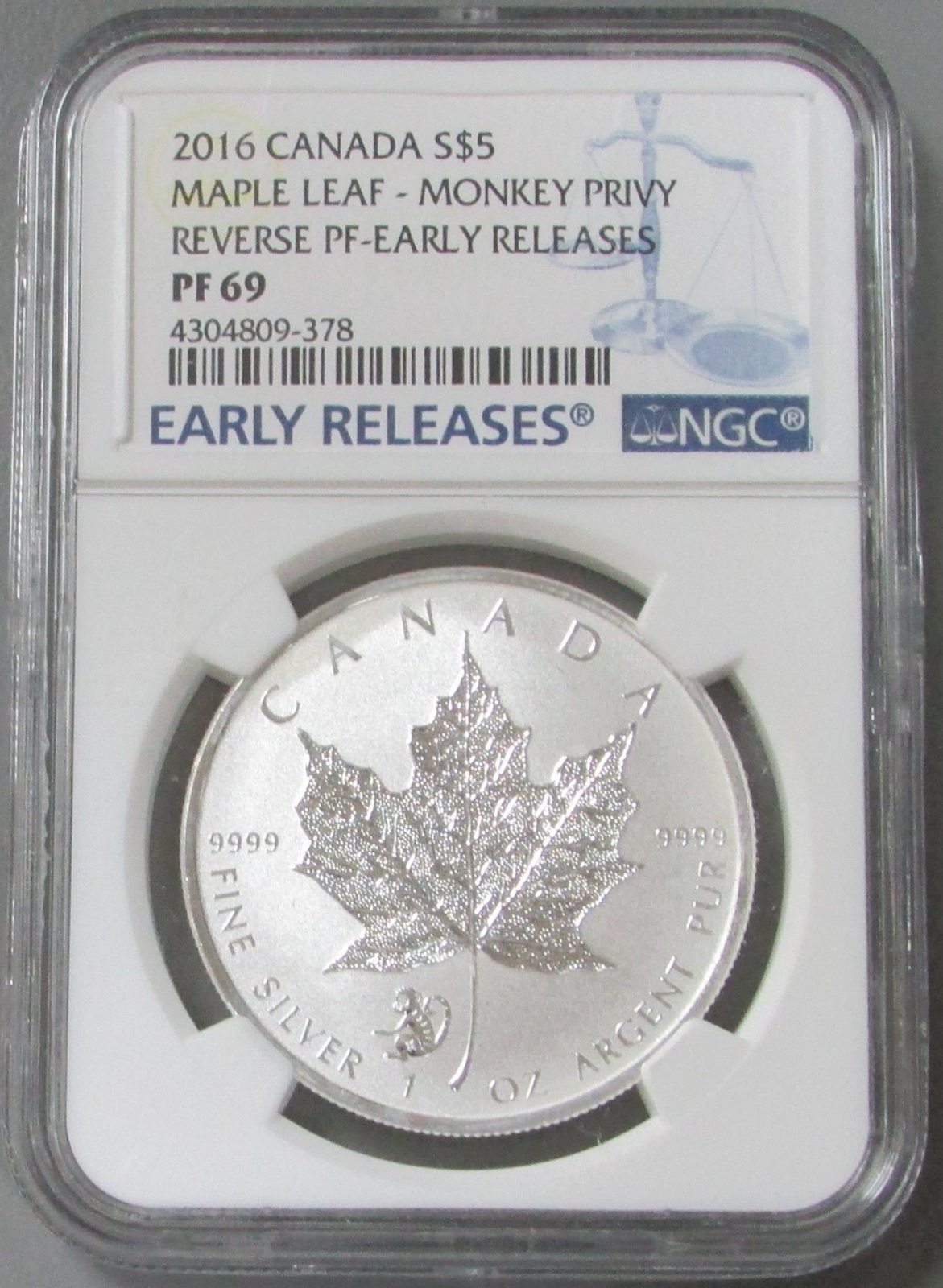 2016 シルバー カナダ $5 メープル リーフ 陰陽プライベート 2016 SILVER CANADA $5 MAPLE LEAF MONKEY PRIVY NGC REVERSE