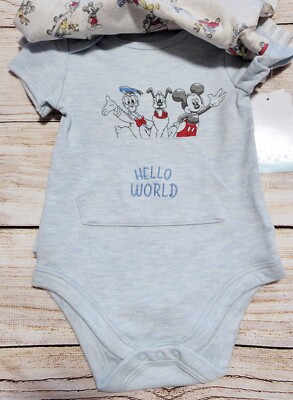 NWT Disney Baby Boy BODYSUIT 3p Set Mickey Mouse/Pluto/Donald Blue/Grey 6/9m