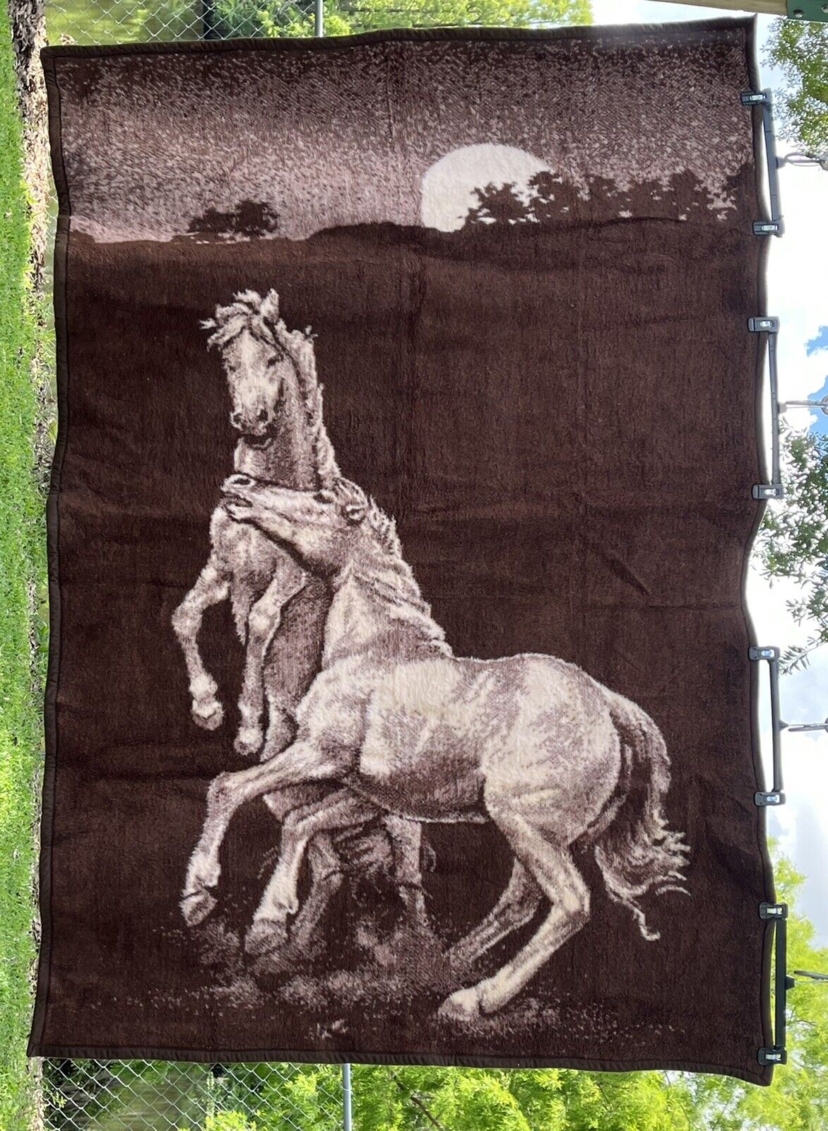 Vintage Revert Horses Blanket Brown Reversible Thick Throw M