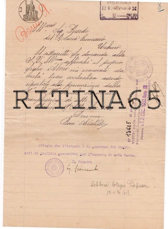 Pesaro Urbino Domanda Di Esenzione Tasse Scolastiche Liceo Ginnasio 1933