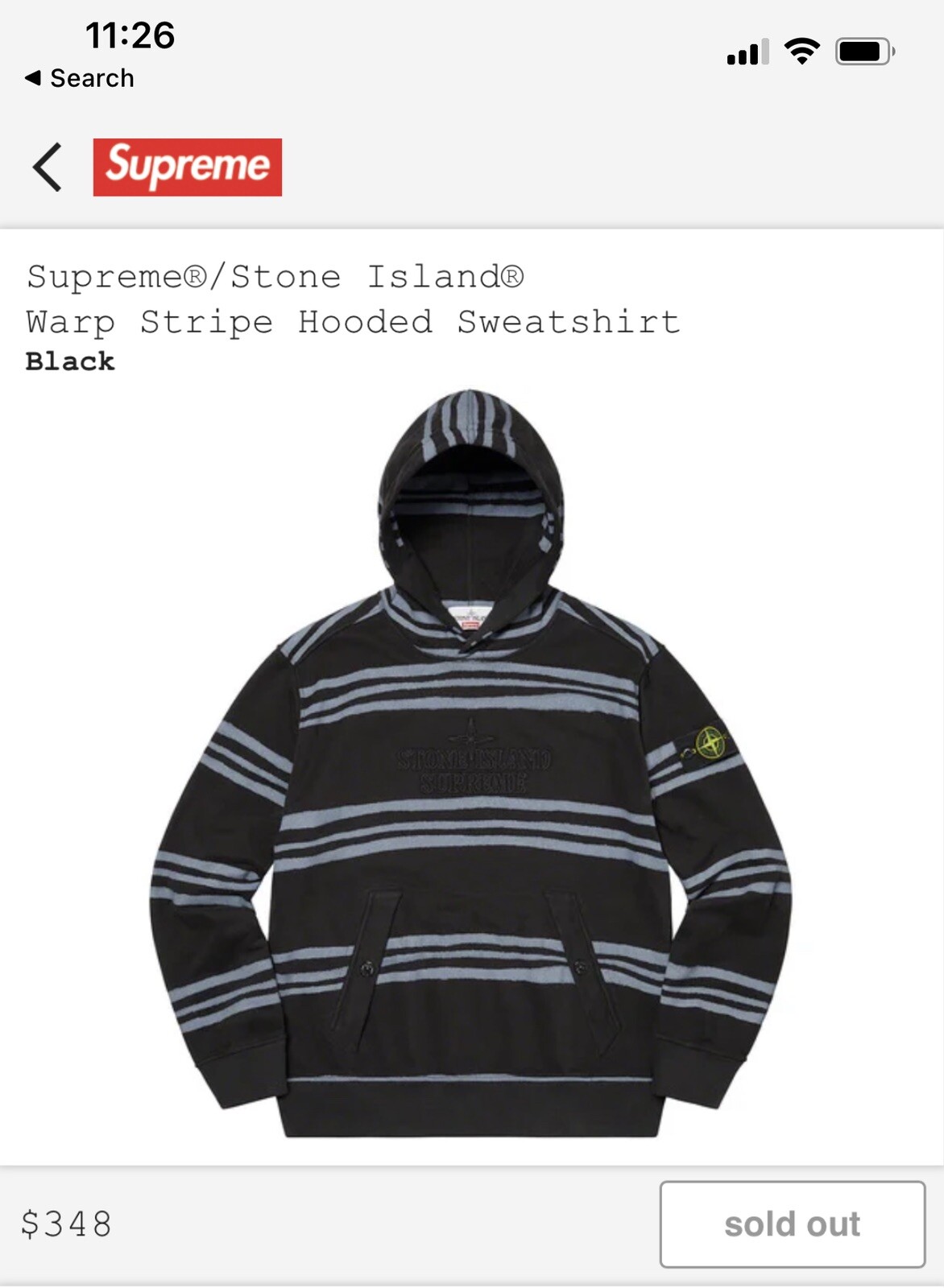 Supreme Stone Island Warp Stripe Hooded Sweatshirt Black
