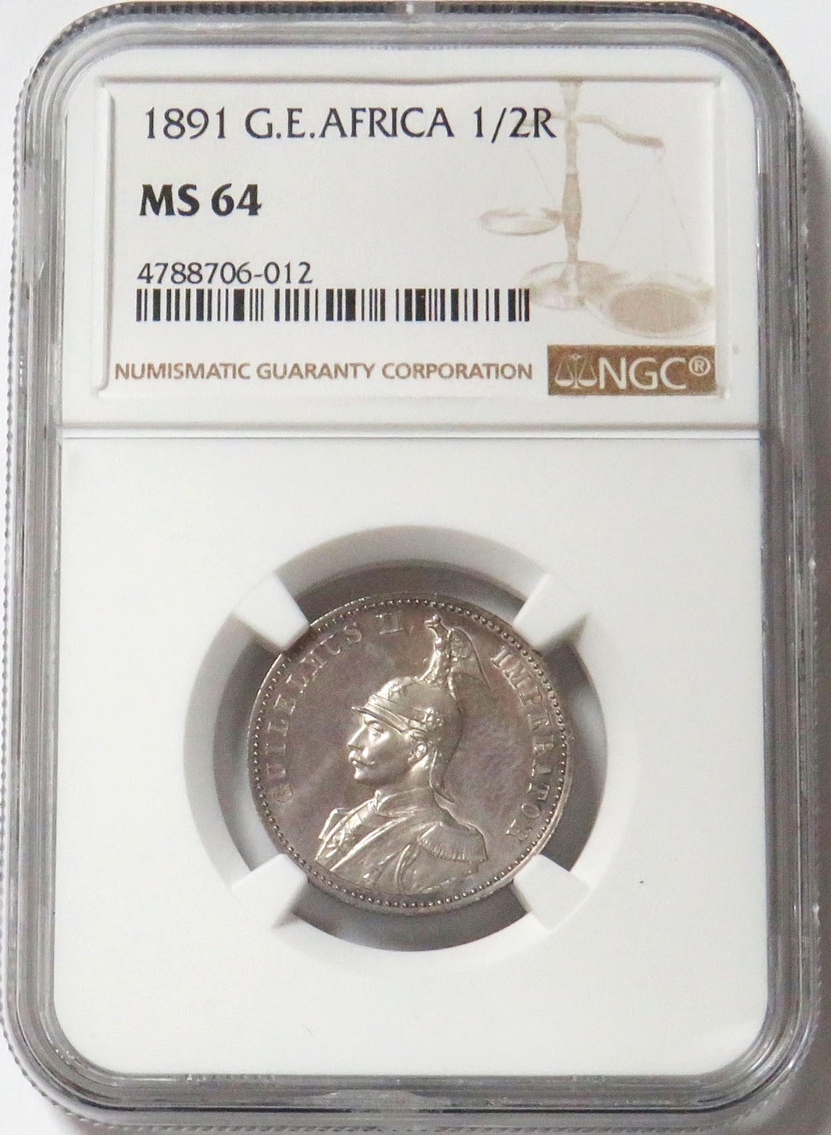 1891 GERMAN EAST AFRICA 1/2 RUPIE KAISER WILHELM II COIN NGC