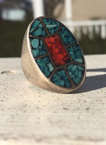 Vintage Silver 925 Southwestern Turquoise & Red Coral Chip Inlay Ring Size 8