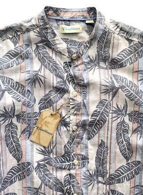 Caribbean Nwt Linen & Cotton Tropical Stripe Long Sleeve Mandarin Collar Shirt