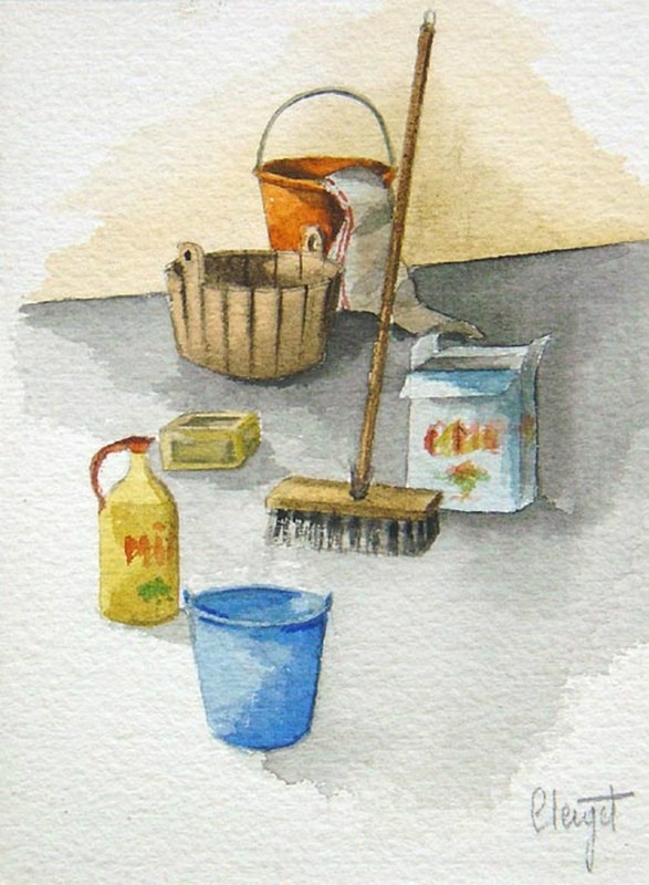 Aquarelle D' Elisabeth Clerget SignÃ©E Nature Morte Au Balai Bretagne Drawing //