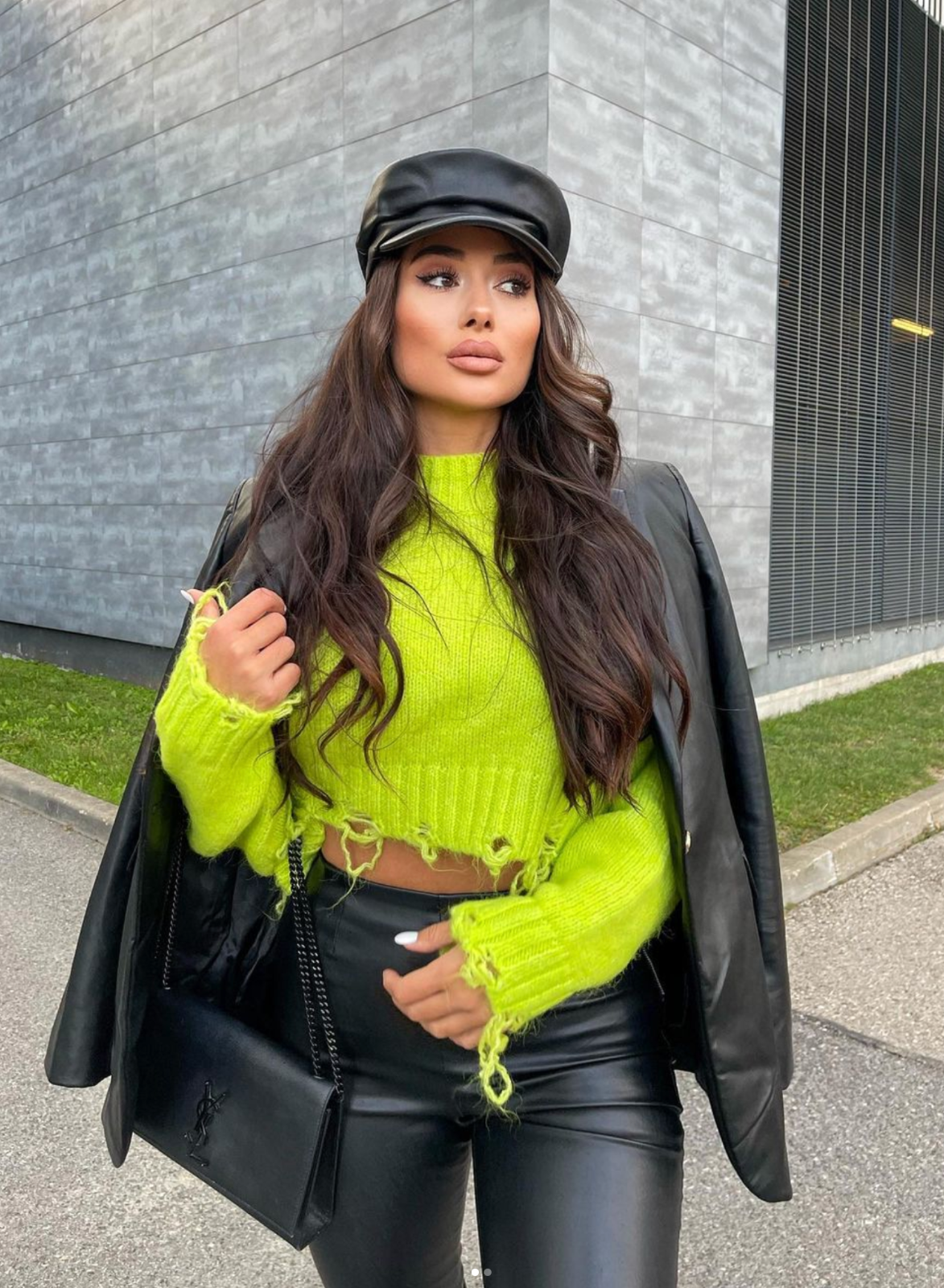 ZARA Neon Green Ripped Knit Cropped Sweater Jumper Size M
