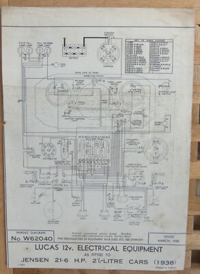 Original LUCAS Jensen 21.6 H.P. 2¼ Litre Wiring Diagram 1938 W62040