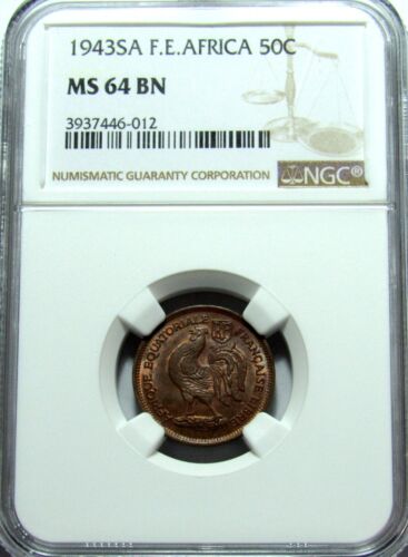 French Equatorial Africa 50 Centimes coin 1943 KM#1a Roster NGC MS 64 BN