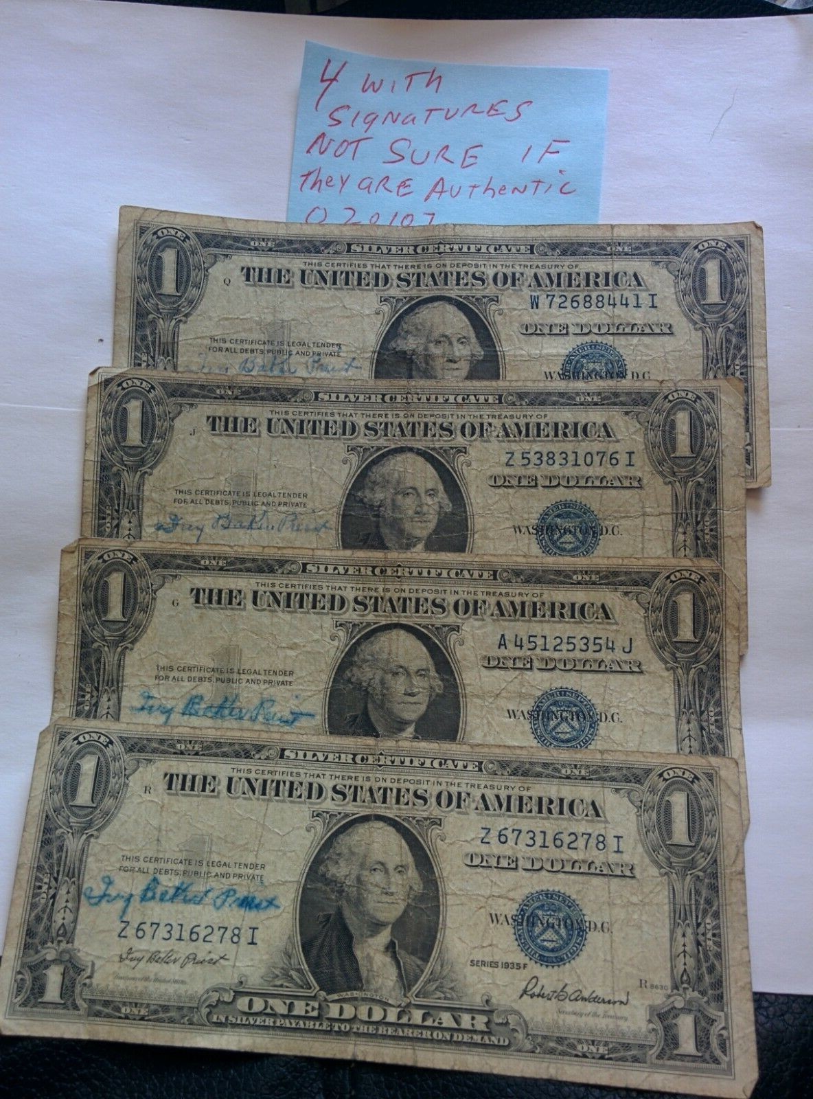 1935f 4 different silver certificates with autograph Ivy Baker Priest 020107