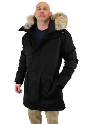 Nobis Men's Yves Parka Jacket, Slim Fit Nylon Crosshatch with Fur Hood, Black