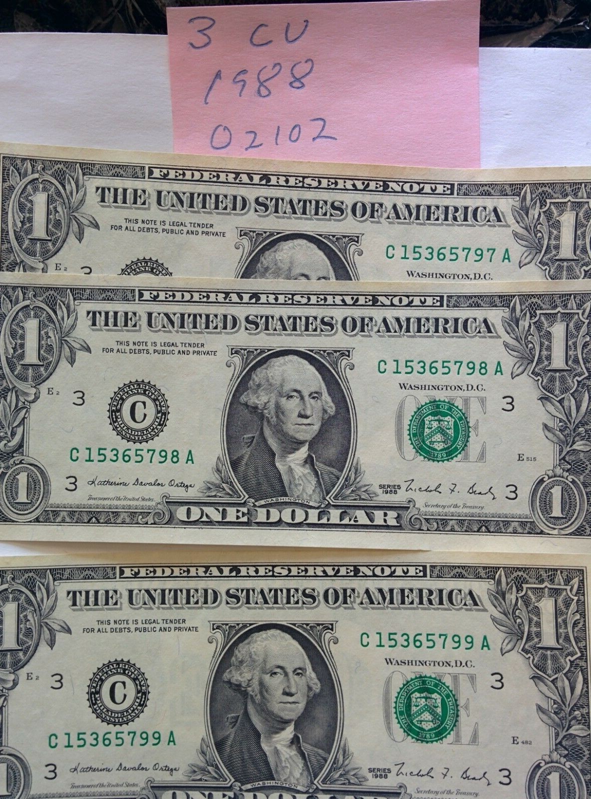 1988A 3 different consecutive CU$1.00 notes Federal Reserve 020102 Philladelphia