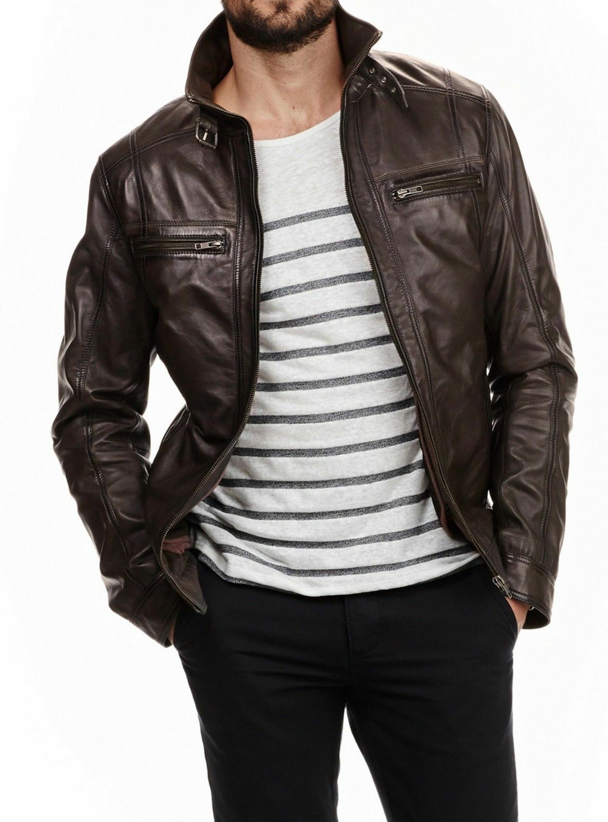 NEW FASHION STYLE PREMIUM HERREN MASSIV MODISCH ECHT BRAUNES LEDER JACKE BIKER GLATT NFS 659