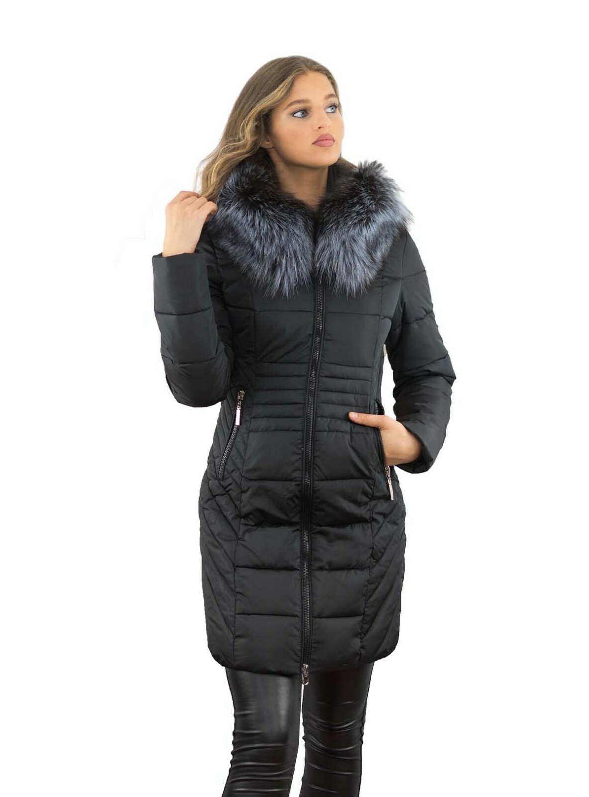 MARKENLOS DAMENMANTEL STEPPMANTEL DAUNEN MANTEL MIT PELZ PELZKRAGEN ECHTFELL SILBERFUCHS