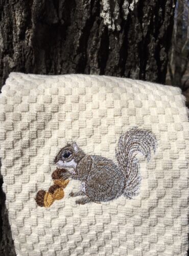 Embroidered Gray Squirrel Ivory Cream Terry Kitchen Waffle W