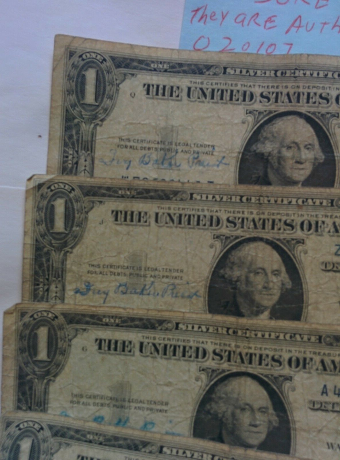1935f 4 different silver certificates with autograph Ivy Baker Priest 020107