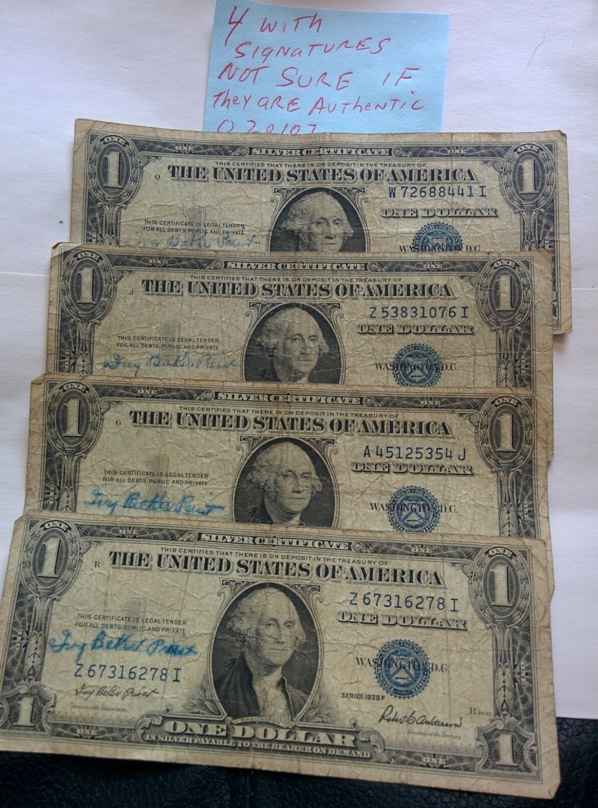 1935f 4 different silver certificates with autograph Ivy Baker Priest 020107
