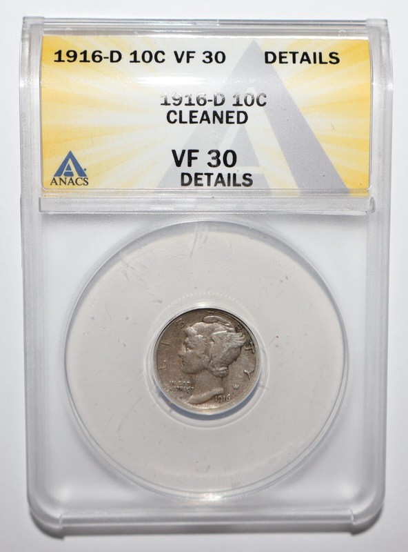1916 D Mercury Dime ANACS VF 30 Details