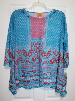 Ruby Road 1X Plus Aqua BOHO Mixed Paisley Border Print Shirt Top NWT