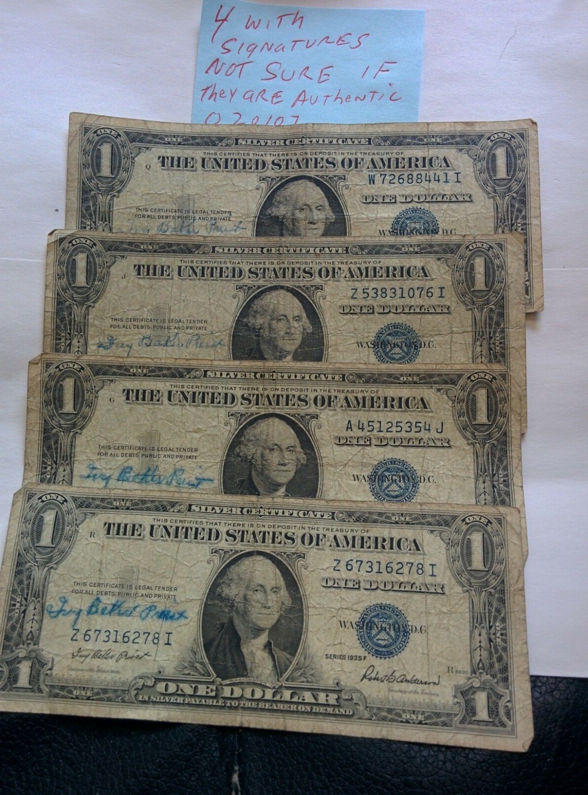 1935f 4 different silver certificates with autograph Ivy Baker Priest 020107