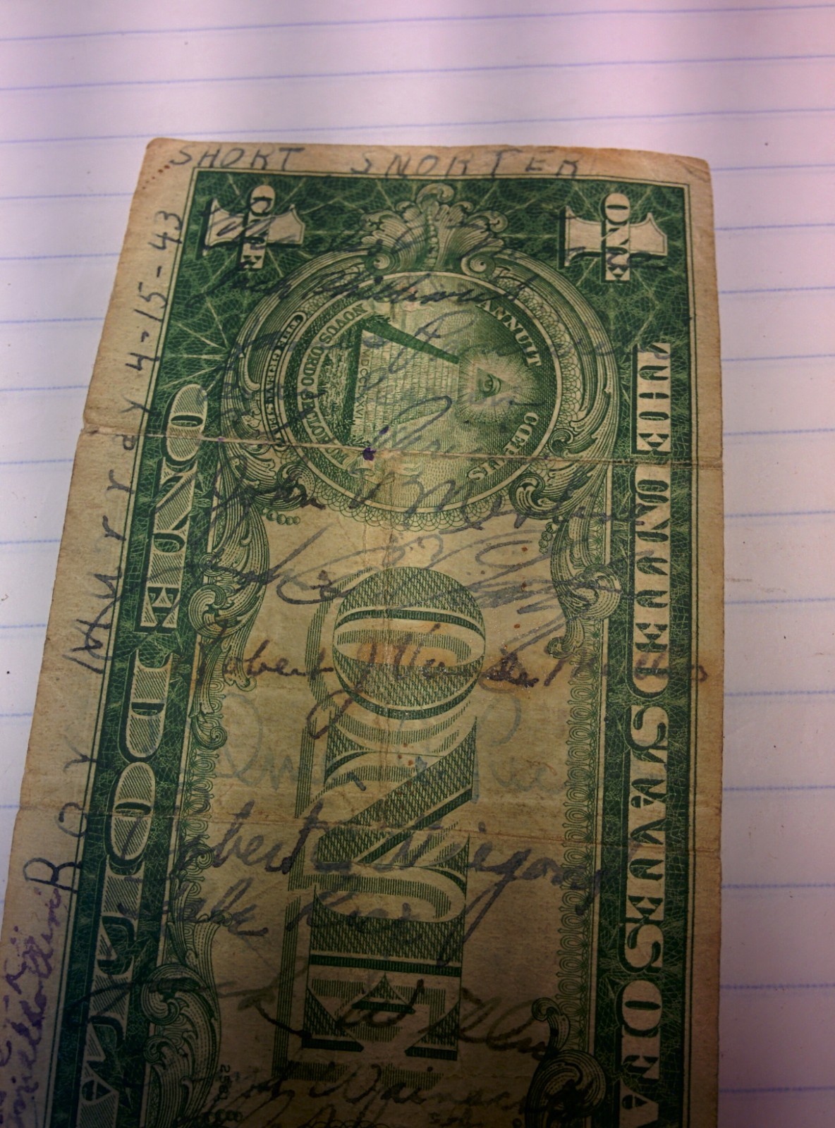 $1.001935A ONE DOLLAR SILVER CERTIFICATE SHORT SNORTER lots of autographs 120411