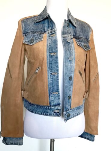 Pre-owned Allsaints Curtis Denim & Suede Leather Jacket Retail $725 Price $335 Size 0 In Sand Tan And Blue
