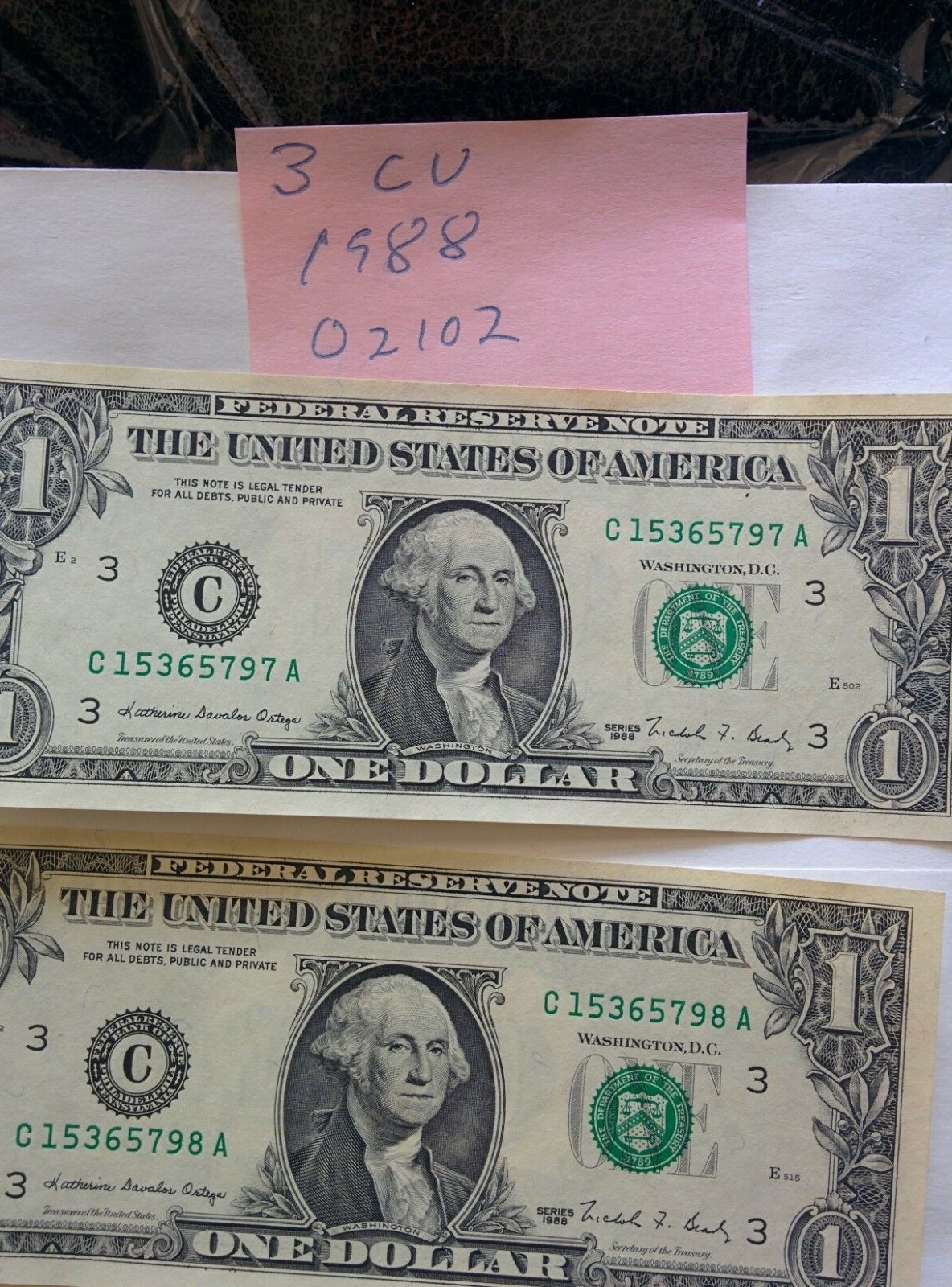 1988A 3 different consecutive CU$1.00 notes Federal Reserve 020102 Philladelphia
