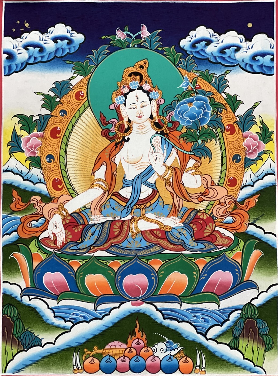 WHITE TARA MOTHER GODDESS ORIGINAL TIBETAN THANGKA PAINTING WITH SILK BROCADE